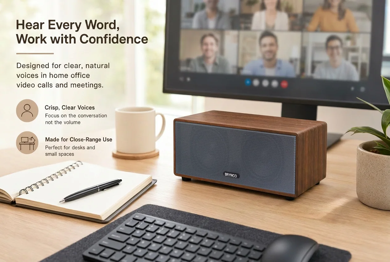 Brynco wood-grain speaker in a bright home office