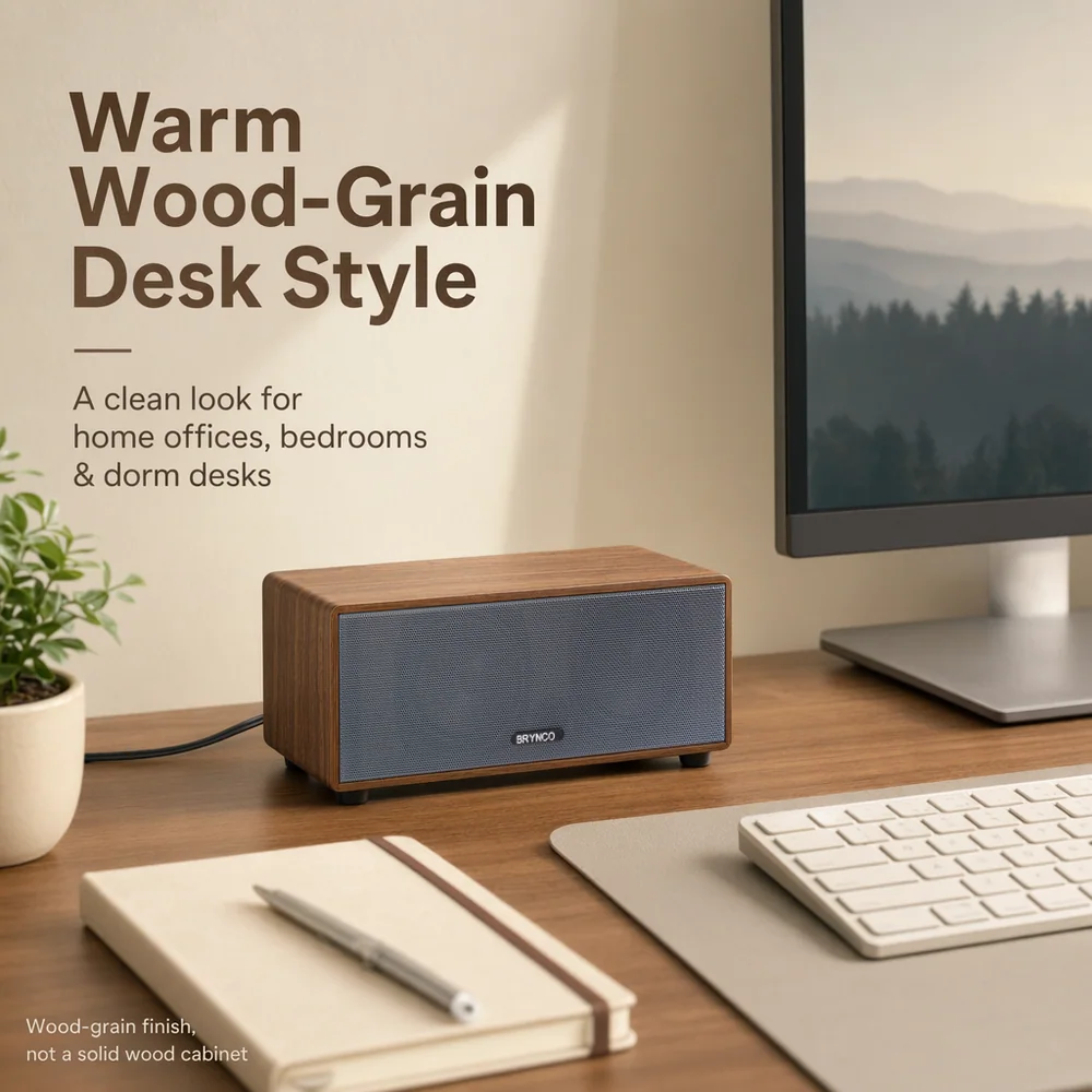 Brynco A111 wood-grain desktop speaker in a warm workspace