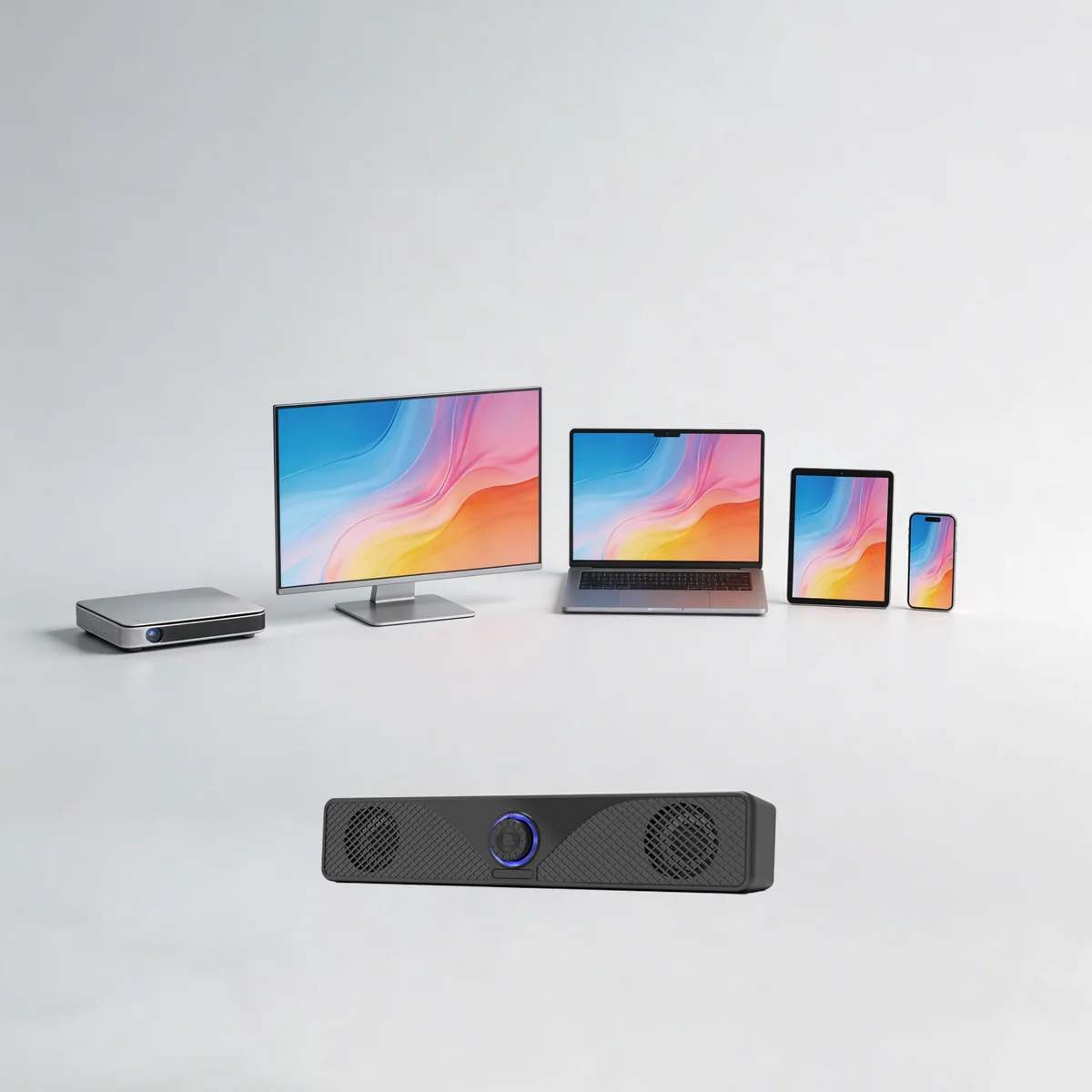 Brynco soundbar shown with a monitor, laptop, tablet and phone