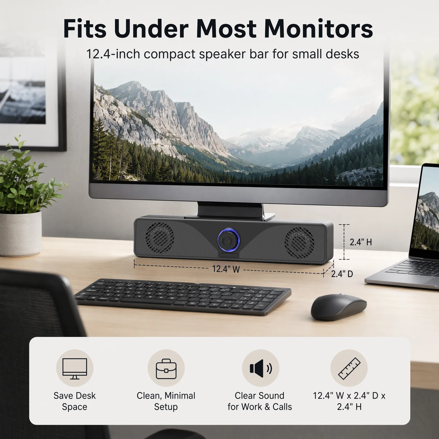 Brynco A115 under a monitor with dimensions shown