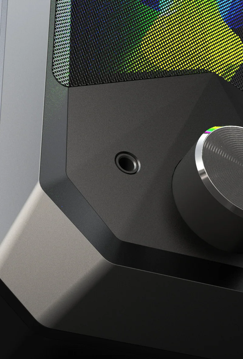 Close view of Brynco A87 volume dial and RGB grille