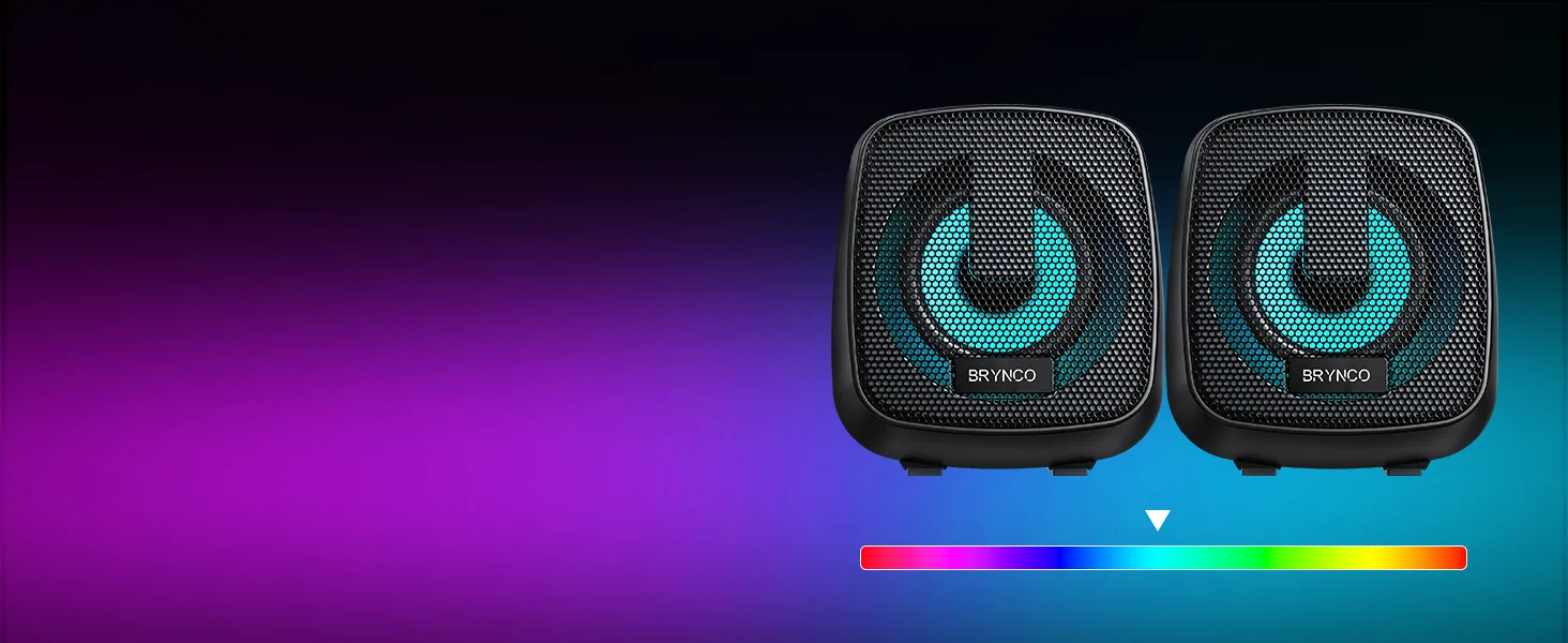 Brynco T109 speakers shown with a spectrum of RGB colors